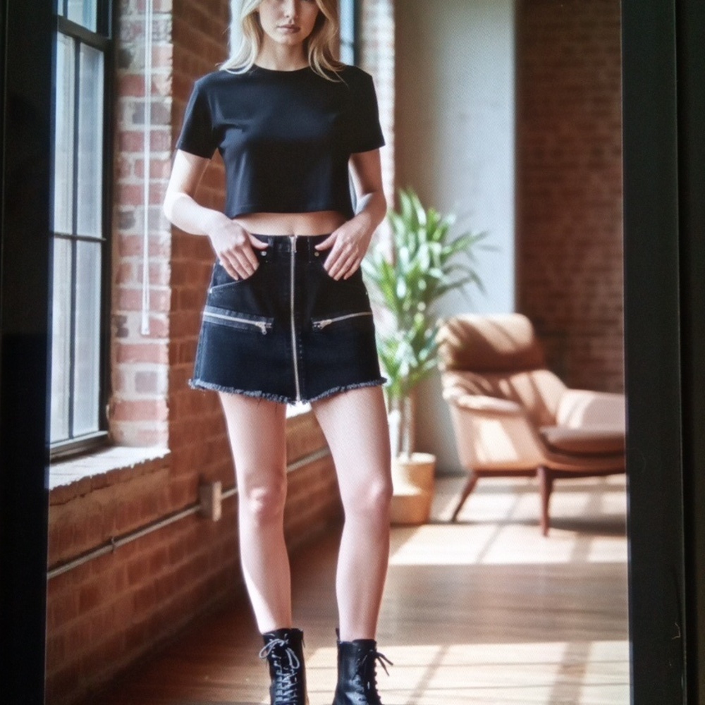 Carmar Black Denium Mini A- Line Skirt Full Zip High Waisted Raw Hem Sz 25